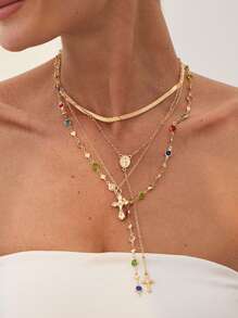 1pc Minimalist Vintage Cross & Pearl Layered Necklace, Fashion Statement Choker Necklace, Suitable For Party, Gathering, Daily Wear, Gift For Her