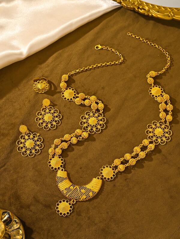 3pcs Plated 24k Gold Latest Design Cutout Floral Double Layer Ball Necklace Earrings Ring Muslim Jewelry For Middle Eastern Ladies' Daily Gatherings