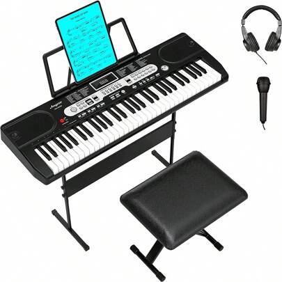 Piano Keyboard, 61 Key Keyboard Piano For Beginner/Professional, Electric Piano With Microphone & Piano App, Supports MP3/USB MIDI/Microphone/Insertion Of The Pedal (Headphones+Mic+Stand+Stool)