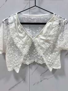 1pc Black & White Lace Trim Layering Shrug, Lightweight Shawl For Sun Protection - Lace Shawl - View 12