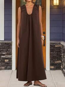Women's Summer Long Tank Dress Solid Color Sleeveless Scoop Neck Ruched Wide Shoulder Loose Dress - 棕色 - 查看 3