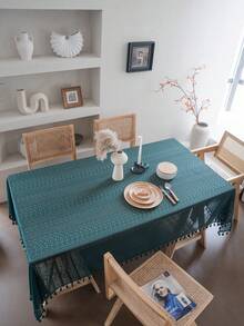 Bubaba 1pc Olive Green Geometric Lace Placemat, Vintage Boho Farmhouse Style Hollow Out Geometric Lace Nylon Decorative Tassel Table Cloth, Suitable For Bedroom, Kitchen, Dining Room, Party, Holiday Decoration, All Seasons - Dark Green - View 10