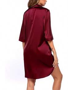 Women's Satin Nightshirt Button Down Sleepshirt Silk 3/4 Sleeve Nightgown Boyfriend Notch Collar Sleepwear S-3XL - 酒紅色 - 查看 4