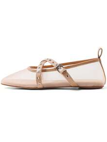 Y2K Ballet Flats For Women Punk Rivets Round Toe Cross-Strap Buckle Falts Comfort Mesh Breathable Falts Shoes Women - Nude - View 3