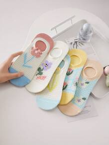 5 Pairs Of Women's Socks, Playful Floral Cute Candy Color Women's Short Socks Ankle Socks, Daily Casual Wear