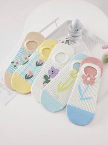 5 Pairs Of Women's Socks, Playful Floral Cute Candy Color Women's Short Socks Ankle Socks, Daily Casual Wear