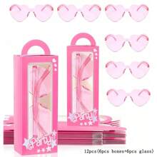 12pcs-Pink Princess Gift Boxes Set Pink Party Favor Boxes Pink Doll Gift Boxes Goodie Bag Heart Shaped Glasses For Birthday Bachelorette Supplies Decoration(12pcs=6 Boxes +6 Glasses)