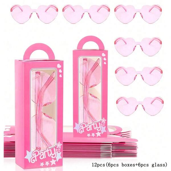 Set de 12 piezas - Cajas de regalo de princesa rosa, cajas de obsequio para fiesta rosa, cajas de regalo de muñeca rosa, bolsas de recuerdos con gafas con forma de corazón para cumpleaños, despedida de soltera, decoración (12 piezas = 6 cajas + 6 gafas)