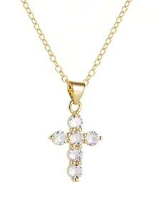 1pc Fashionable Cubic Zirconia Cross Stainless Steel Pendant Necklace, Suitable For Daily Wear, Party And Casual