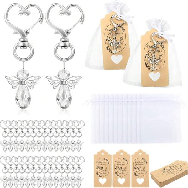 30 Silver Angel Wing Pendant Heart-Shaped Key Chains, Including 30 Key Chains, 30 Thank You Cards, And Gauze Bags, Suitable For Baptism Gifts, Weddings, And First Communion.
