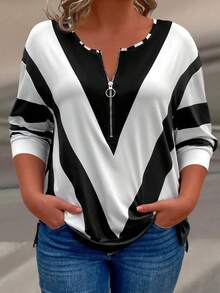 Blusa casual elegante de manga larga con decoración de anillo con cremallera, adecuada para todas las estaciones, talla grande - Blanco y Negro - Ver 3