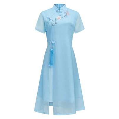 Women's Stand Collar Short Sleeve Chinese Style Cheongsam Dress