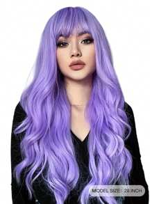 1pc Women's Purple Wavy Synthetic Wig With Bangs, Long Curly Hair, Elegant Style, 150% Density, Heat Resistant Fiber, Suitable For Cosplay, Halloween, Music Festivals, Daily Use - All Races