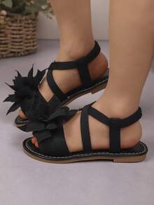 女童花卉装饰平底凉鞋时尚休闲旅游沙滩度假凉鞋，适合夏季 - 黑色 - 查看 3