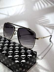 POLASUP 1pc Thick Double Beam CNC 3D Cut Diamond Rimless Aviator Fashion Glasses, Thick Metal Frame, Fashion Metal Glasses With Hollow Legs, Retro Middle East Style, Suitable For Daily Commute, Vacation, Outdoor Activities, Gold, Black Gradient, Tea Color Back To School Fashionable Preppy School Look - 棕色 - 查看 2