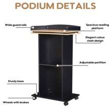 Podium Stand, Holz Podium mit Rädern, Lectern mit Lagerung, Mikrofon Stand Platz, 15MM Partikelplatte, Holz Kanzel für Restaurants, Kirchen, Seminare und Schulen, Das Podium verfügt über einen eleganten schwarzen Körper, ergänzt durch natürliche Holzfarbenen Platten und eine Oberfläche, die einen anspruchsvollen und eleganten Look bietet. Die Oberfläche ist mit einer doppelschichtigen Struktur ausgebildet, die sowohl die Stabilität als auch die Ästhetik verbessert. Das Podium ist mit minimalen Komponenten konzipiert, wodurch die Montage extrem einfach und schnell ist