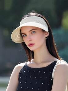 1pc Fashion Straw Sun Visors For Women Wide Brim Hats Roll-Up Foldable Summer Beach Visor Hat