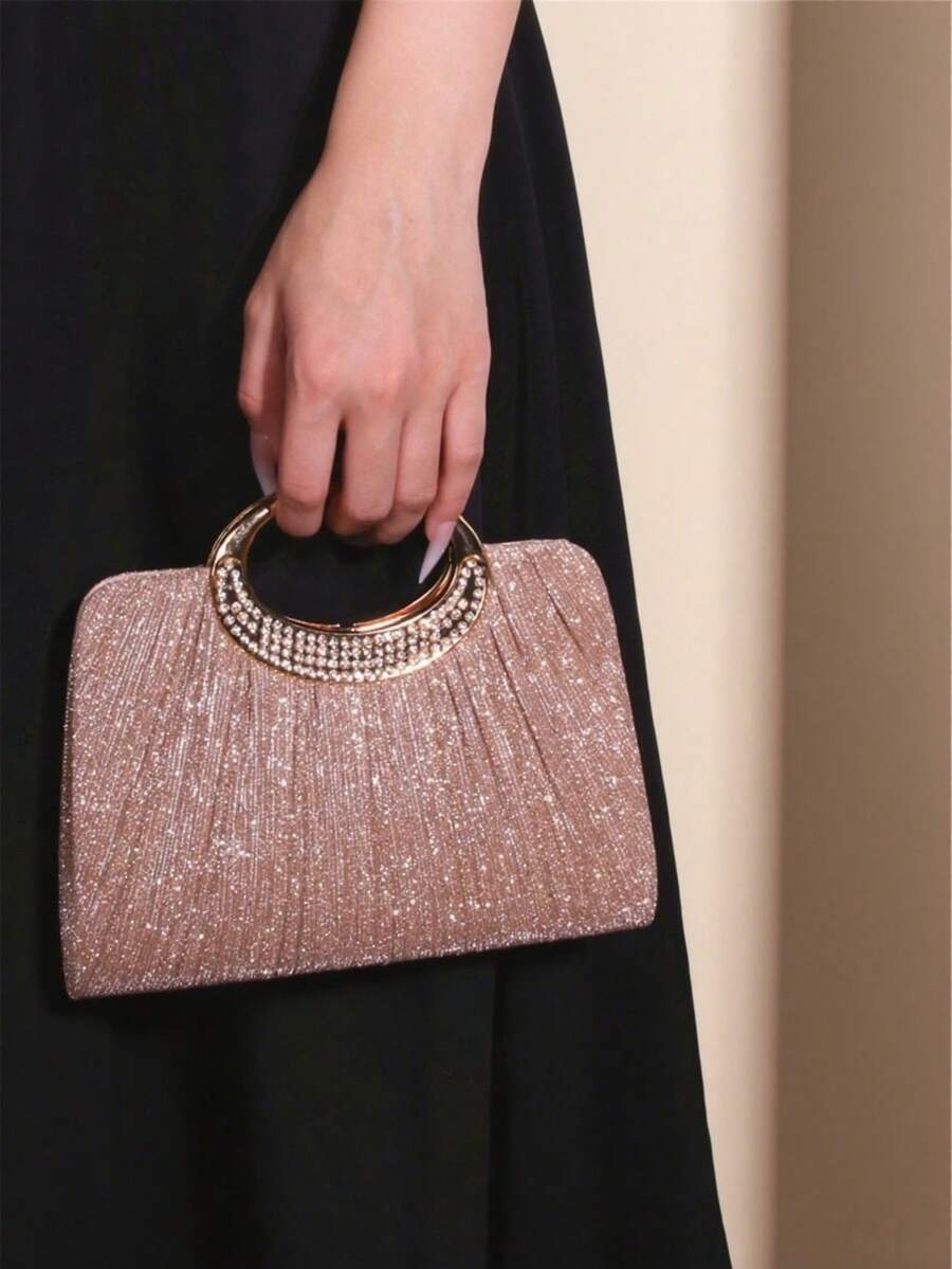 蛋形水钻褶皱金银丝磁扣时尚优雅女士晚宴包，婚礼/派对/生日礼物，婚礼手拿包 - 玫瑰金 - 查看 1