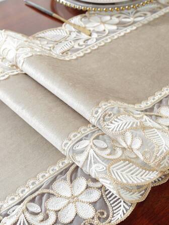 1 件 100% 涤纶天鹅绒面料精致 3D 刺绣蕾丝边桌旗，优雅适合家居装饰、厨房、餐桌、橱柜、咖啡桌、电视柜、餐垫、节日、家庭聚会、婚礼、别墅派对、礼物、室内/室外、露营，适合所有季节，多种尺寸可供选择