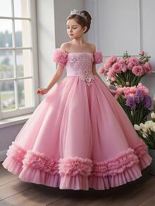 Young Girls Applique Ruffle Tulle Elegant Evening Dress, Suitable For Piano Recital, Party, Flower Girl, Does Not Include Headband