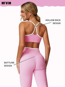 MFVIM 2 件套女士运动服套装，撞色瑜伽运动胸罩和高腰喇叭瑜伽裤，百搭日常运动服 - 粉色 - 查看 2
