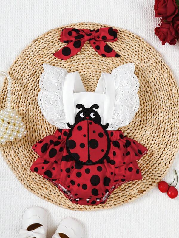 1pc Newborn Infant Cute Casual White Lace Cap Sleeve Ladybug Embroidery Patchwork Black Dot Red Digital Print Bodysuit, Summer