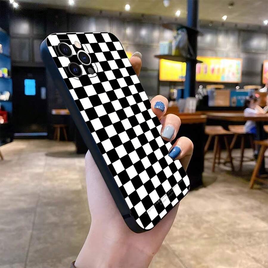 Black  White Checkered Pattern Phone Case For IPhone 16 Pro Max/16 Plus/16 Pro/16/15/14/13/12/11, Unisex, Scratch Resistant TPU, Full Body Ultra Thin, Shockproof With Camera Guard - White - View 1