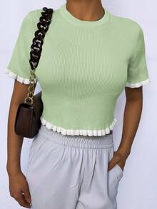 Women's Elegant Holiday/Graduation Knit Top, Casual Short Sleeve Cream Yellow Ruffle Hem Knit Pullover Sweater, Summer - Mint Green - View 2