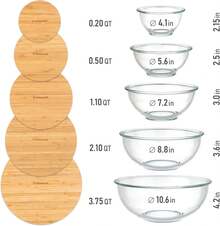 Stackable Space-Saving Set Of 5 Nesting Glass Bowls With Bamboo Lids For Prep, Storage, Baking, Mixing & Cooking, Microwave & Oven    Heat Resistant Inert Borosilicate Glass
