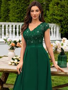 MIUSOL V领亮片蕾丝短袖雪纺荷叶边长款连衣裙，优雅女士派对礼服，正式晚礼服，舞会礼服，适合婚礼宾客、毕业典礼、盛大晚宴等场合，也适合情人节春季穿着。 - 墨綠色 - 查看 9