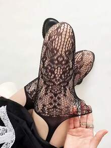 一双蕾丝玫瑰花图案镂空网眼长筒袜，及膝吊带袜，镂空设计，适合夏季日常聚会、派对和郊游，亦可作为圣诞礼物。 - 黑色 - 查看 4