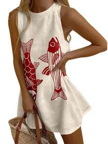 Womens Sleeveless Tank Dress Y2k Graphic Halter Neck Mini Dresses Casual Linen Sundresses Beachwear - 白色 - 查看 2