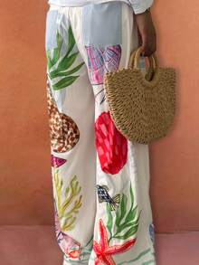 女士超大春夏时尚度假休闲度假风格梦幻海洋元素独特印花腰袋阔腿裤早午餐装 - 彩色 - 查看 7