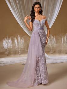 GIFORU 奢华薰衣草色透明雪纺晚礼服 - 优雅深 V 领美人鱼礼服，搭配珍珠管刺绣和幻觉背部，浪漫婚礼宾客礼服，适合花园庆典/正式庆典/周年庆典 - 淺灰紫 - 查看 7