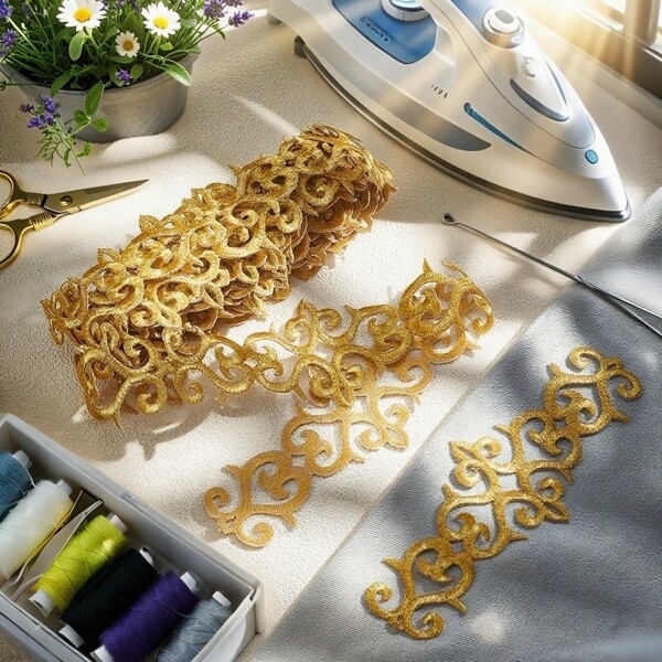 متر واحد شريط الدانتيل اللاصق الساخن 7.6 سم ، خامات DIY الخياطة الأزياء التطريز الزهور الذهبية المكواة على فساتين الزفاف ديكور المنزل