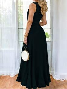 Vestido Largo de Hombros Descubiertos con Escote en V Profundo y Volantes Delicados con Abertura Lateral Alta en Pierna y Cinturón Ajustable Elegante para Mujer - Negro - Ver 4