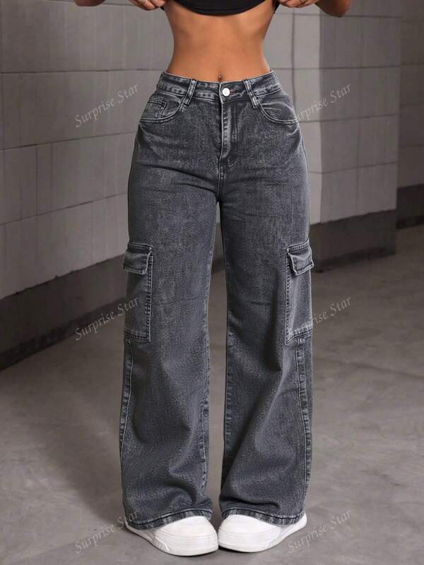 Pantalones vaqueros gris ahumado de tiro alto corte ancho estilo utilitario, con múltiples bolsillos, tejido suave y elástico, casuales y versátiles
