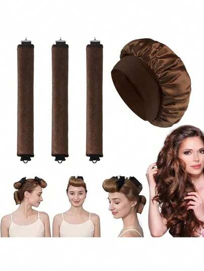 4pcs Hair Styling Set: 1pc Wide-Brim Satin Hat + 3pcs No-Heat Hair Curling Wands. Women Casual Classic Solid Color Elastic Soft Sleep Cap, Shower Cap, Faux Silk Hair Turban Cap With Elastic, Protect Hair From Damage; 3pcs Curling Rods With Hooks, Easy To Create Curls Suitable For All Hair Types, Unisex, Back To School, Travel Holiday Essentials, Hair Accessories For Women, Hair Curlers For Hairdressing Equipment, Accessories, Hair Curl, Curly Hair Tools, Hair Roller, Christmas,Curly Hair, Hair Curler, Hair Rollers, Heatless Curl, Heatless Curls, Rollers, Hair Curlers, Curly Hair Products, Hair Curl, Hair Roller, Rollers For Hair, Curly Hair Tools, Heatless Curlers,Hair, Accessories, Hair Products, Hair Tools, Hair Stuff, Hair Care, Curly Hair Brush, Barber, Barber Accessories, Hairdressing Equipment,Heatless Waves,Travel Essentials,Travel Essential,Hairstyle,Hairdressing