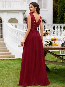 MIUSOL 亮片花卉蕾丝心形领口无袖荷叶边雪纺开衩长款正式派对礼服、晚礼服、优雅舞会礼服、婚礼宾客礼服、毕业典礼、宴会、夏季假日 - 紅色 - 查看 3