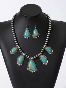 1 Set de collar y aretes de mujer, estilo bohemio retro, de aleación de zinc con cuentas, adecuado para combinar con atuendos, uso diario y vacaciones