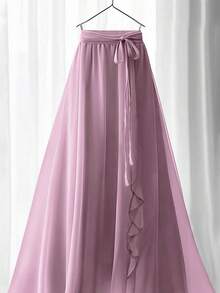 女士优雅纯色荷叶边腰带A字长裙 - 藕粉色 - 查看 4