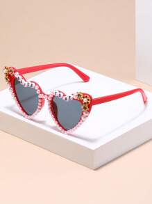 1 Stück herzförmige Perlenlicht Luxus Dopamin Wind eingelegte metallische Blumen Muster Pfirsich Herz Mode Brille, Hochzeit Party Tanz Party Accessoires, Strandmode für Sommerstrand, Lagerfeuerparty, Geschenke, Retro Street-Style, Autofahren, Sonnenschutz, Outdoor Reisen, Party, Bühnenshow Reise Accessoires Strand Schatten