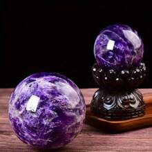 0,6kg/0,8kg Esfera de Ametista Natural Polida - Decoração de Mesa Vintage para Casa/Escritório, Exposição de Pedra Bruta com Suporte de Madeira, Bola de de Ametista Roxa Sonhadora para Meditação e Espiritualidade