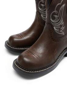 Women's Cowboy Western Ankle Booties, Thick Heel Slip-On Embroidered Square Toe Mid-Calf Fashion Boots, For Country Concerts, Rodeos, And Casual Outings,Autumn Winter Short Shaft Riding Boots - 巧克力棕 - 查看 10