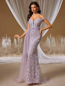 GIFORU 奢华薰衣草色透明雪纺晚礼服 - 优雅深 V 领美人鱼礼服，搭配珍珠管刺绣和幻觉背部，浪漫婚礼宾客礼服，适合花园庆典/正式庆典/周年庆典 - 淺灰紫 - 查看 9
