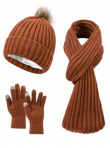 Set de 3 piezas de mujer con gorro de punto de rayas verticales de unicolor, bufanda y guantes, cálido y acogedor para uso casual al aire libre en otoño/invierno, accesorios de invierno, atuendos de invierno