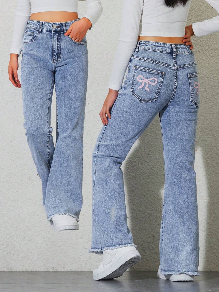 8-12 Years Old Fashionable Y2K Style Elastic Slim Fit Printed Bow Denim Horn Pants