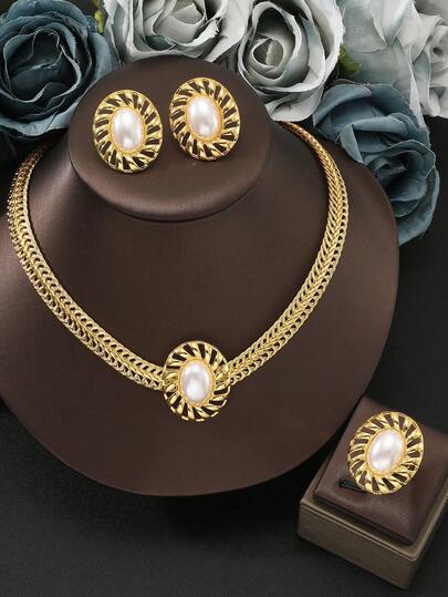 18K Gold Plated Minimalist Fashion Pearl Geometric Pendant Necklace, Earrings, Ring 4-Piece Set, Stainless Steel Material, Non-Fading Gold Plated Jewelry, Suitable For Banquet, Party, Daily Wear, Wedding And Other Occasions