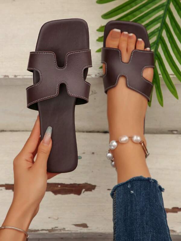 Fashion Women Square Toe Flat Sandals, Versatile Ladies Slides For Spring And Summer