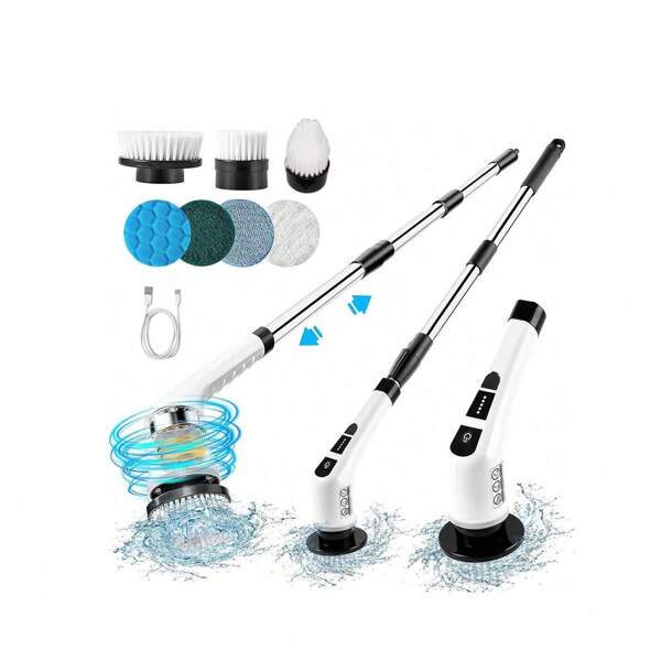 Electric Spin Scrubber, 400 RPM Electric Bathroom Scrubber With 7 Replaceable Brush Heads, Power Spin Brush Scrubber With Extension Handle For Cleaning Bathroom Tub Tile Floor,Garden Tools